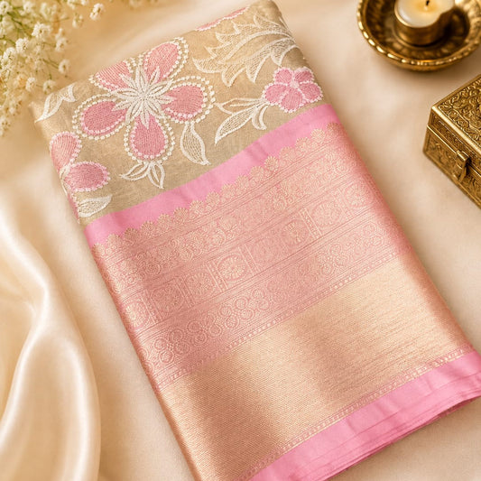 Light Pink Banarasi Semi Silk Saree With Beautiful Embroidery Work Alna Apparels