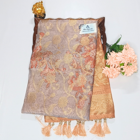 Light Ash Color Banarasi Organza Saree - Alna Apparels