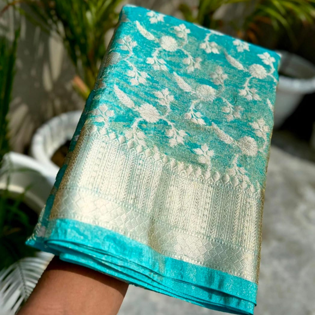 Light Blue Banarasi Crush Tissue Silk Saree - Alna Apparels