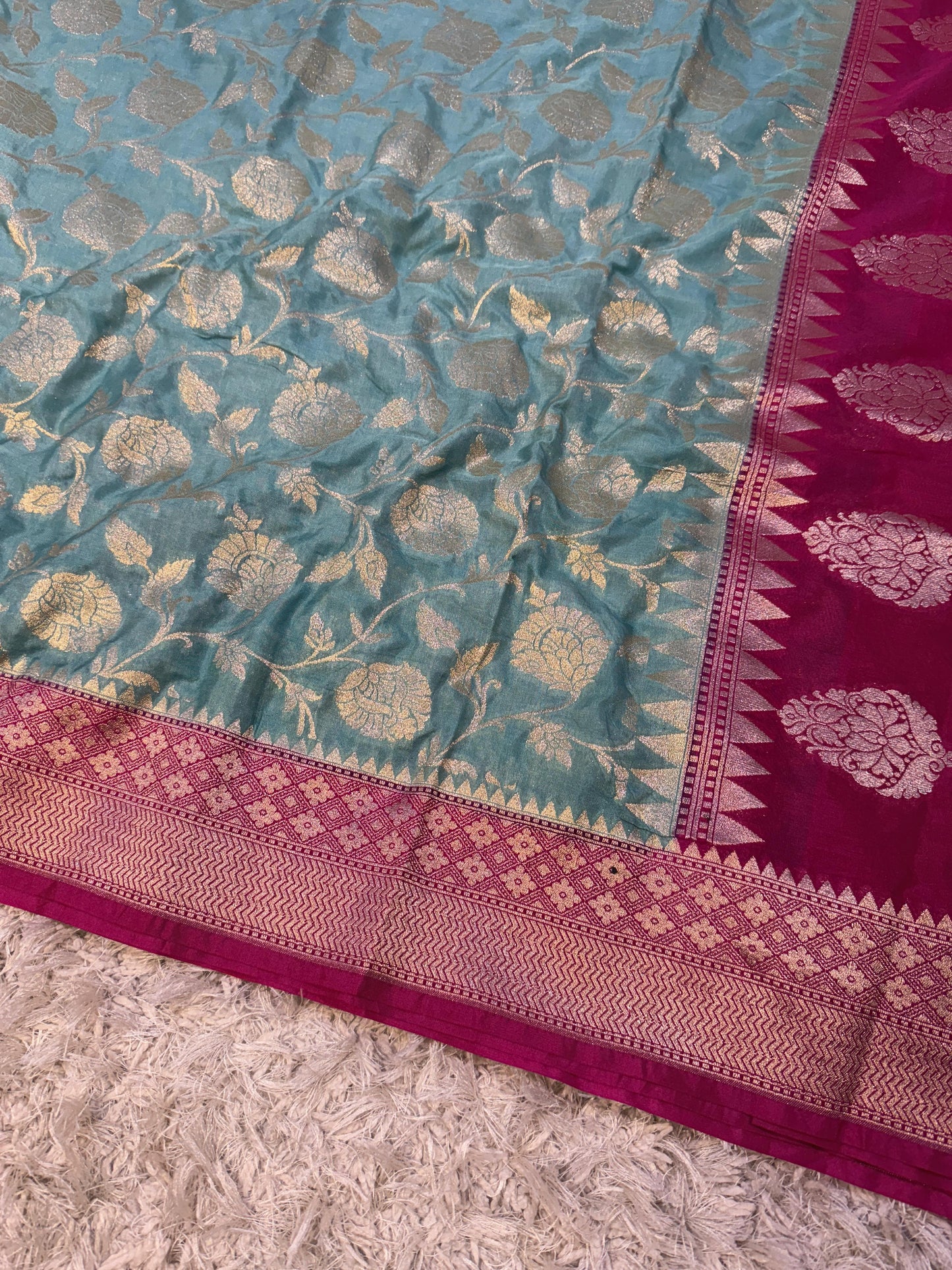 Light Blue Banarasi Semi Khaddi Kathan Handloom Georgette Silk Saree - Alna Apparels