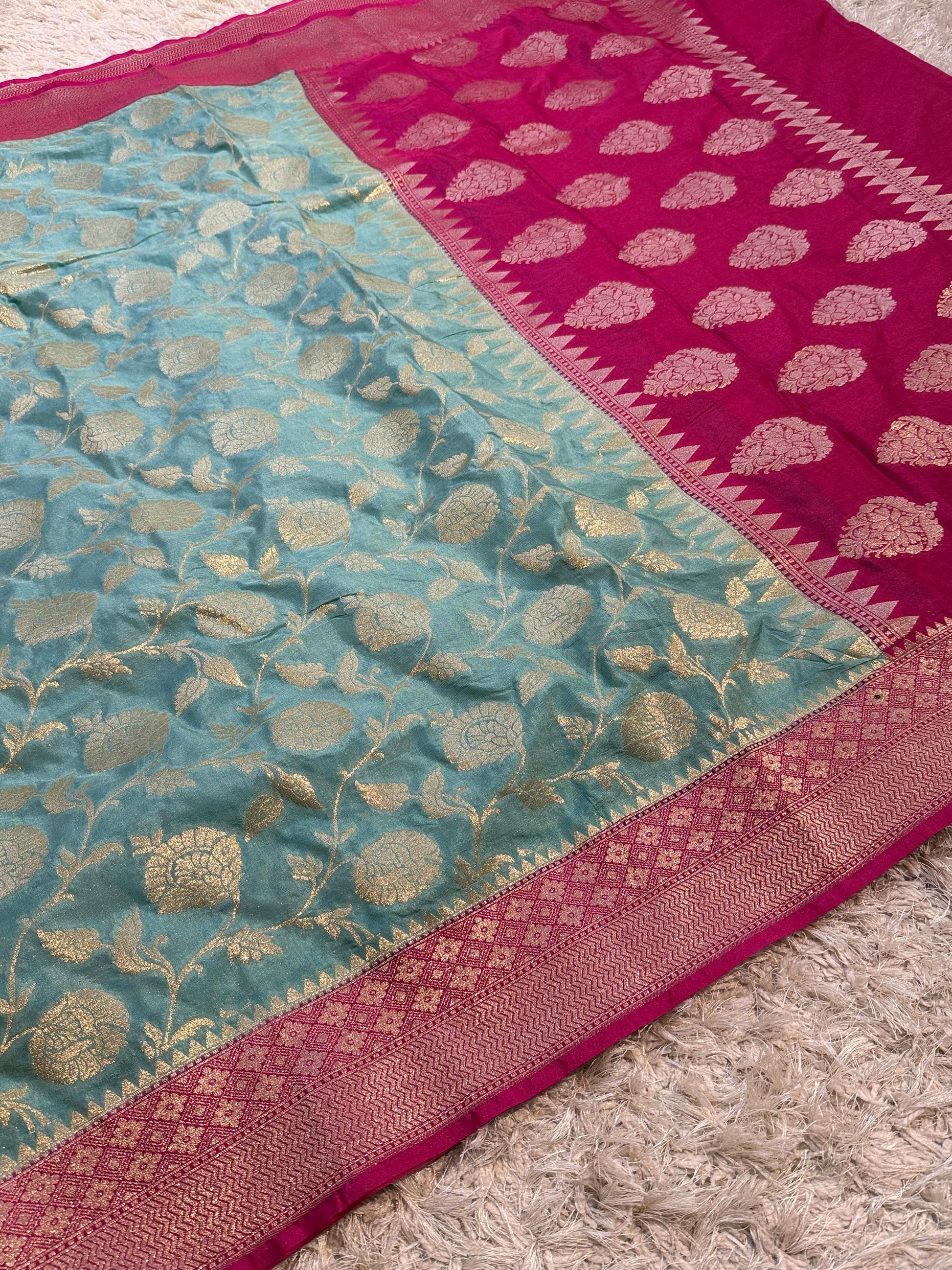 Light Blue Banarasi Semi Khaddi Kathan Handloom Georgette Silk Saree - Alna Apparels