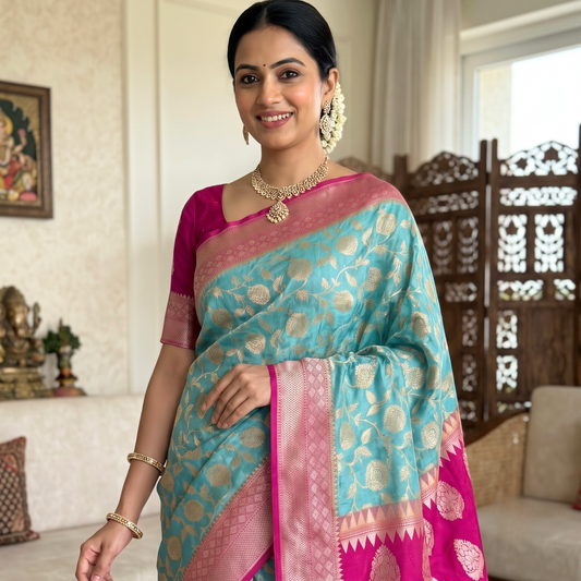 Light Blue Banarasi Semi Khaddi Kathan Handloom Georgette Silk Saree Alna Apparels