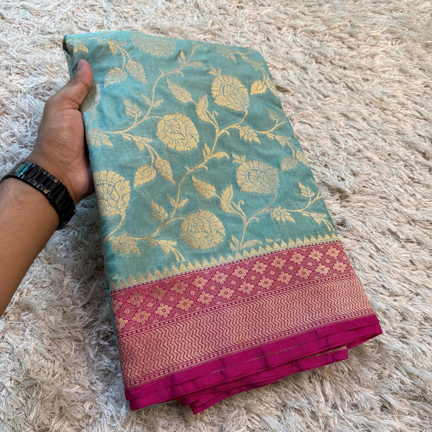 Light Blue Banarasi Semi Khaddi Kathan Handloom Georgette Silk Saree - Alna Apparels