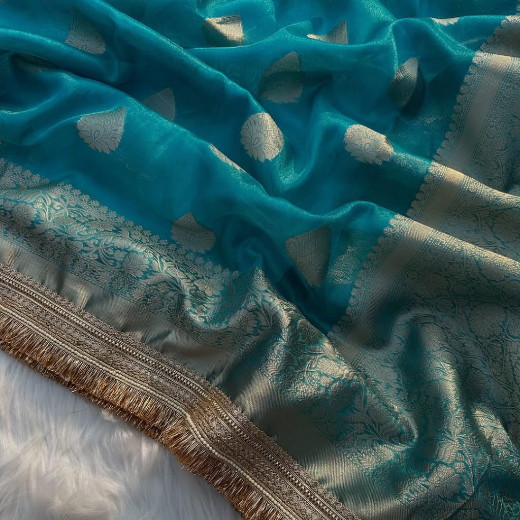 Light Blue Banarasi Tissue Silk Saree With Lace - Alna Apparels