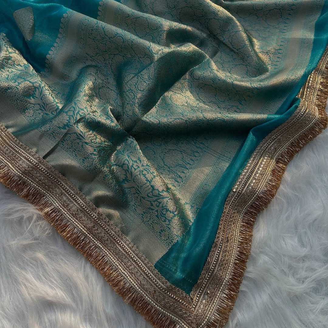 Light Blue Banarasi Tissue Silk Saree With Lace - Alna Apparels