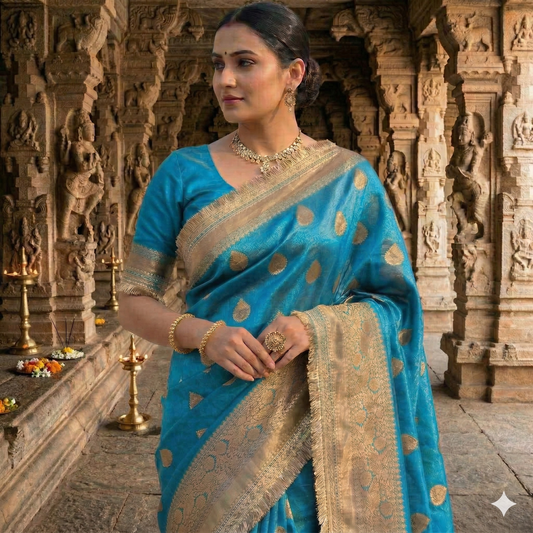 Light Blue Banarasi Tissue Silk Saree With Lace Alna Apparels
