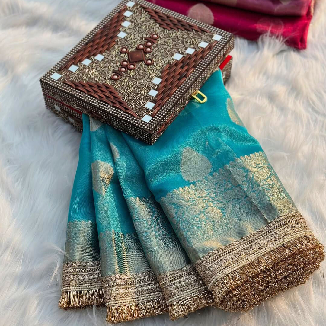 Light Blue Banarasi Tissue Silk Saree With Lace - Alna Apparels