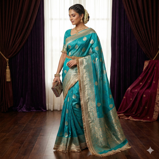 Light Blue Banarasi Tissue Silk Saree With Lace Alna Apparels