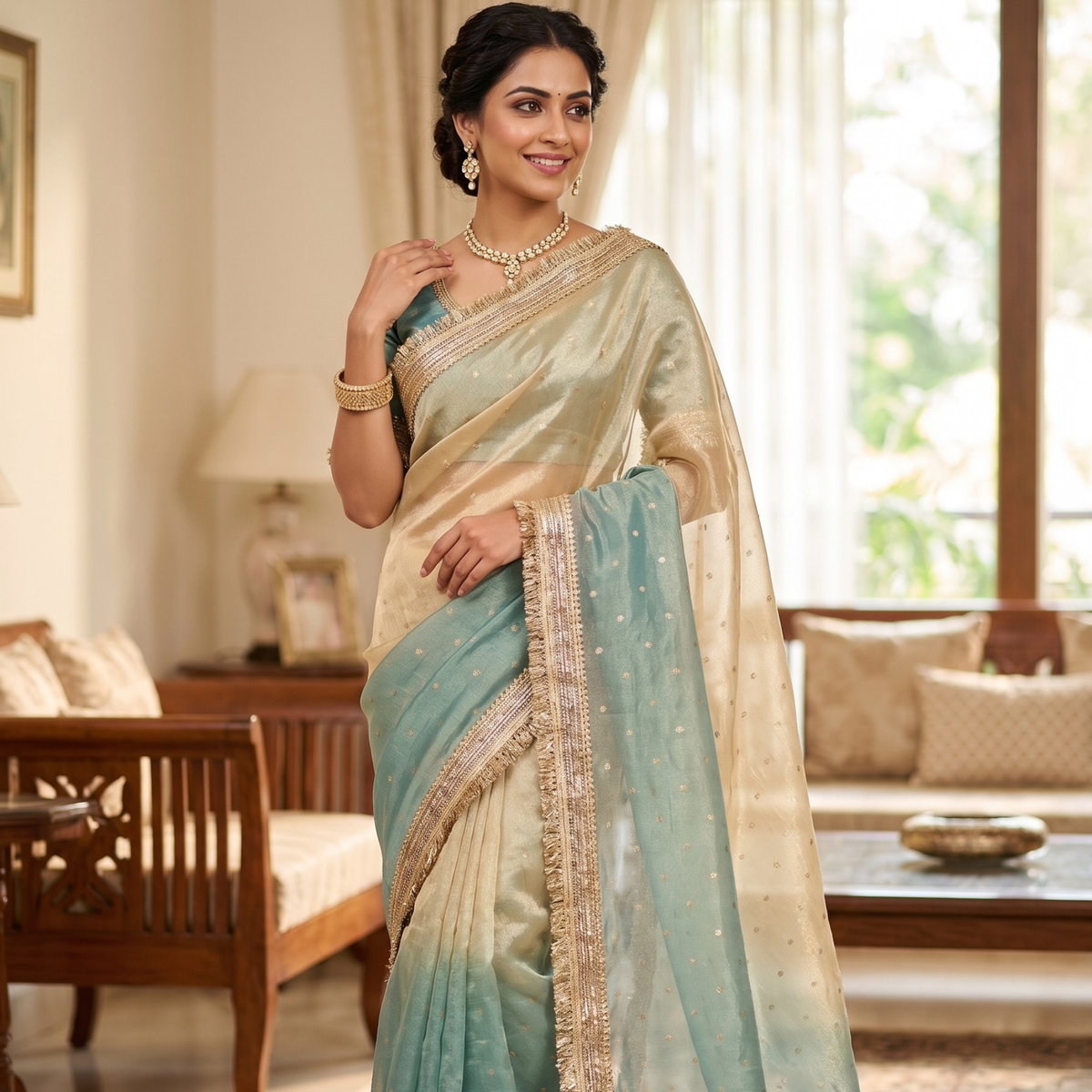 Light Blue Banarasi Tissue Silk Saree with Lace Work Alna Apparels