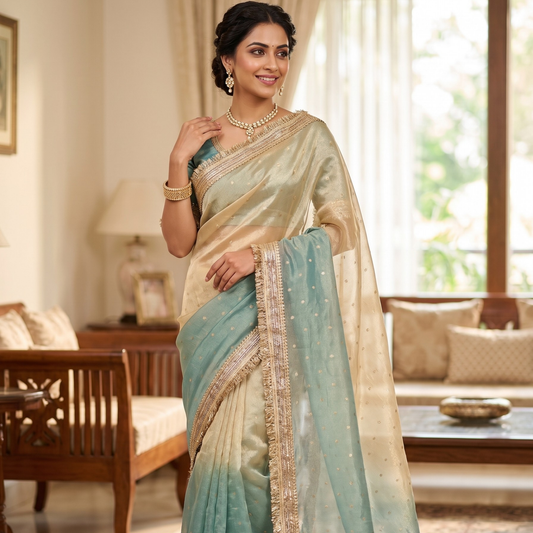 Light Blue Banarasi Tissue Silk Saree with Lace Work Alna Apparels