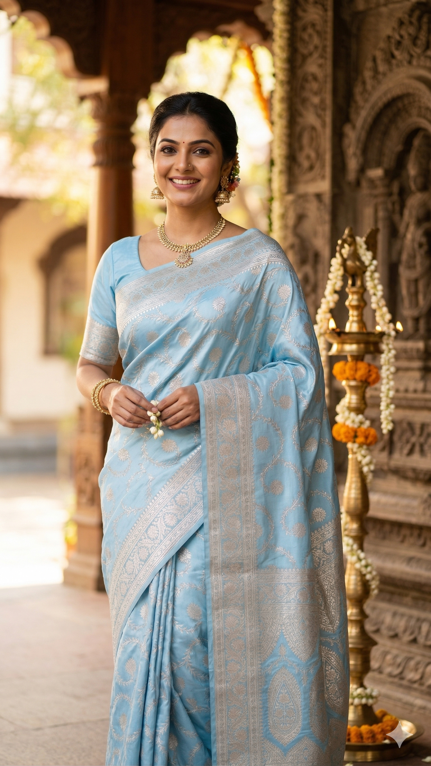 Light Blue Color Banarasi Mashru Silk Saree Alna Apparels