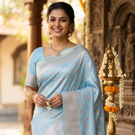Light Blue Color Banarasi Mashru Silk Saree Alna Apparels