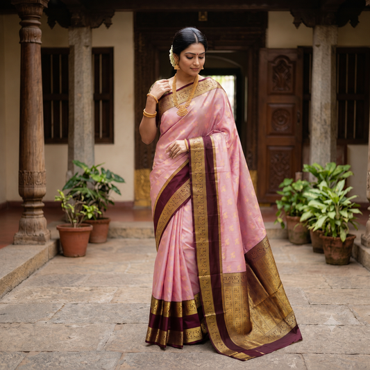 Light Pink Banarasi Semi Kathan Silk Saree Alna Apparels