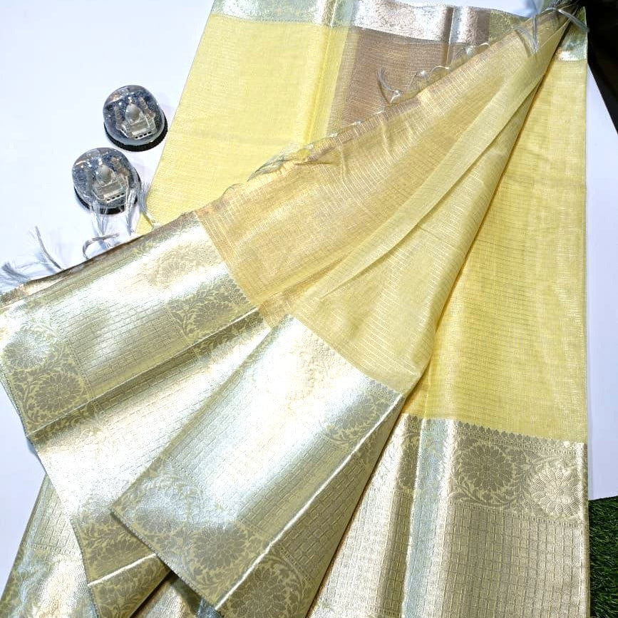 Light Yellow Banarasi Tissue Silk Saree - Alna Apparels