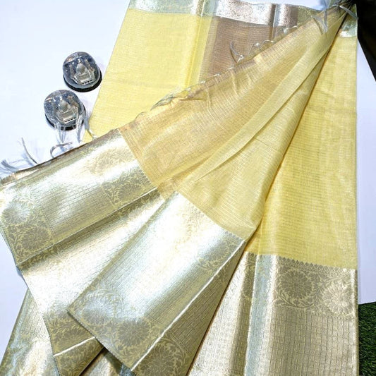 Light Yellow Banarasi Tissue Silk Saree Alna Apparels