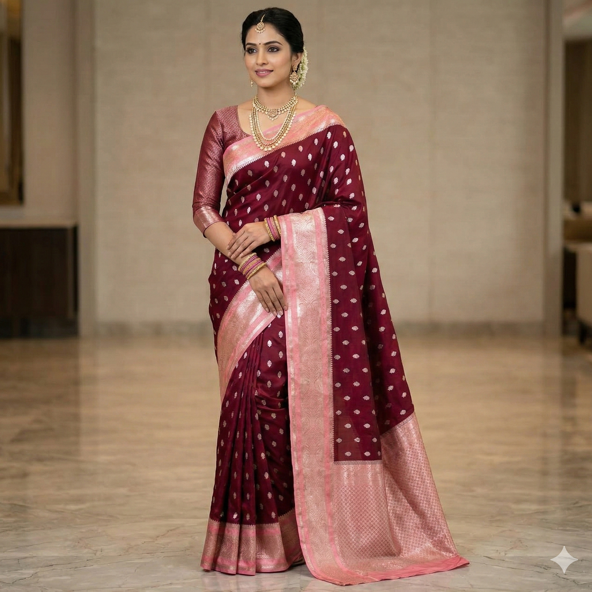 Maroon Banarasi Kathan Dupion Silk Saree Alna Apparels