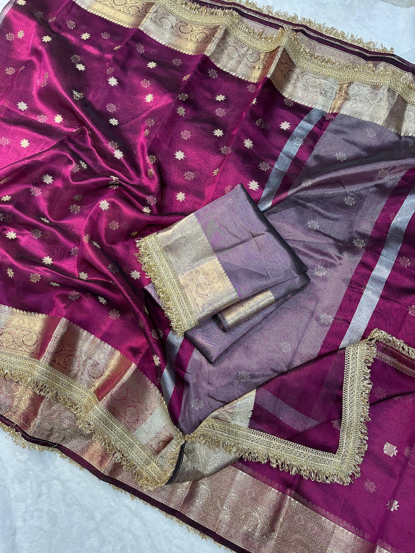 Pink Banarasi Tissue Silk Saree With Lace Work - Alna Apparels