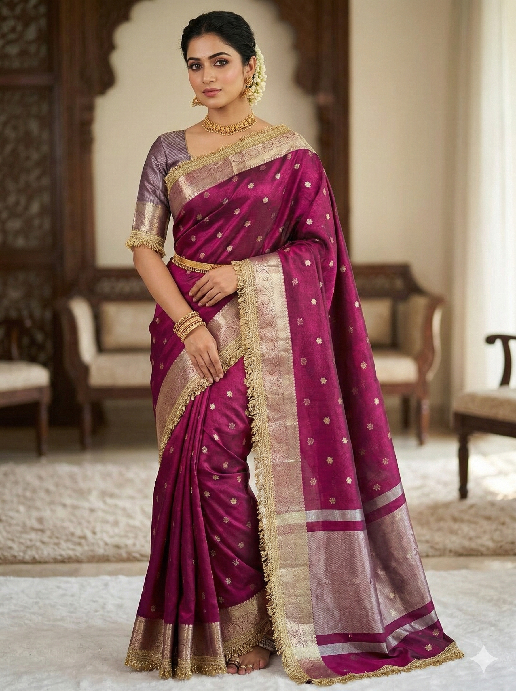 Pink Banarasi Tissue Silk Saree With Lace Work Alna Apparels