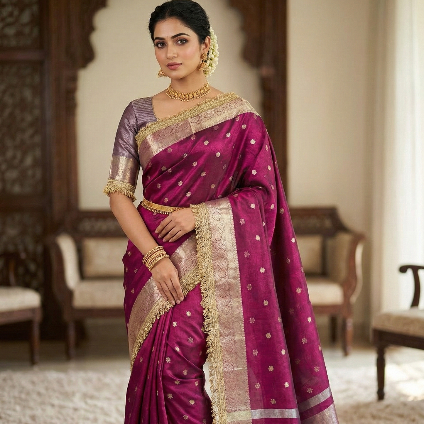 Pink Banarasi Tissue Silk Saree With Lace Work Alna Apparels