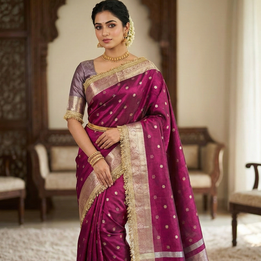 Pink Banarasi Tissue Silk Saree With Lace Work Alna Apparels