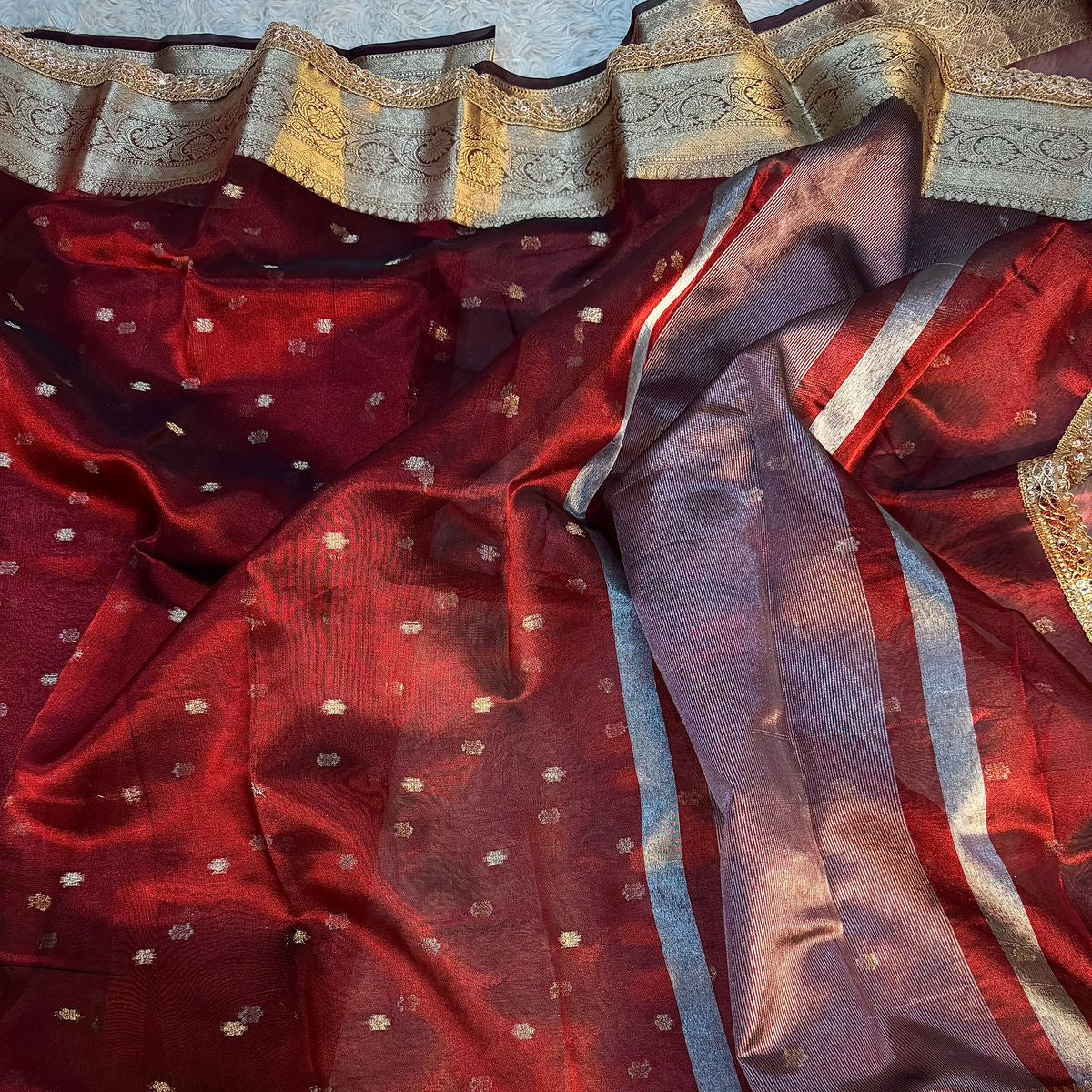 Maroon Banarasi Tissue Silk Saree With Lace Work Alna Apparels