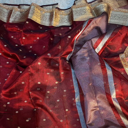 Maroon Banarasi Tissue Silk Saree With Lace Work Alna Apparels