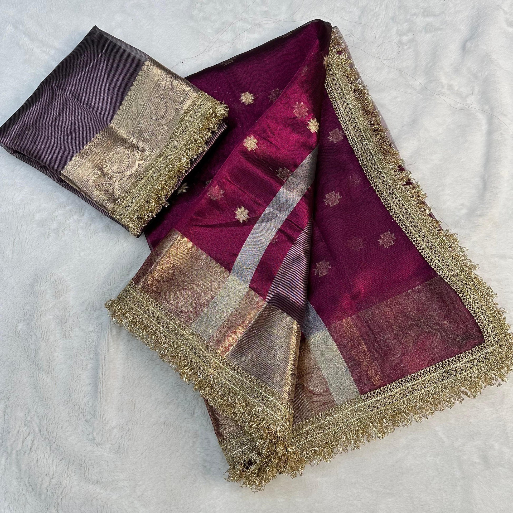 Pink Banarasi Tissue Silk Saree With Lace Work - Alna Apparels