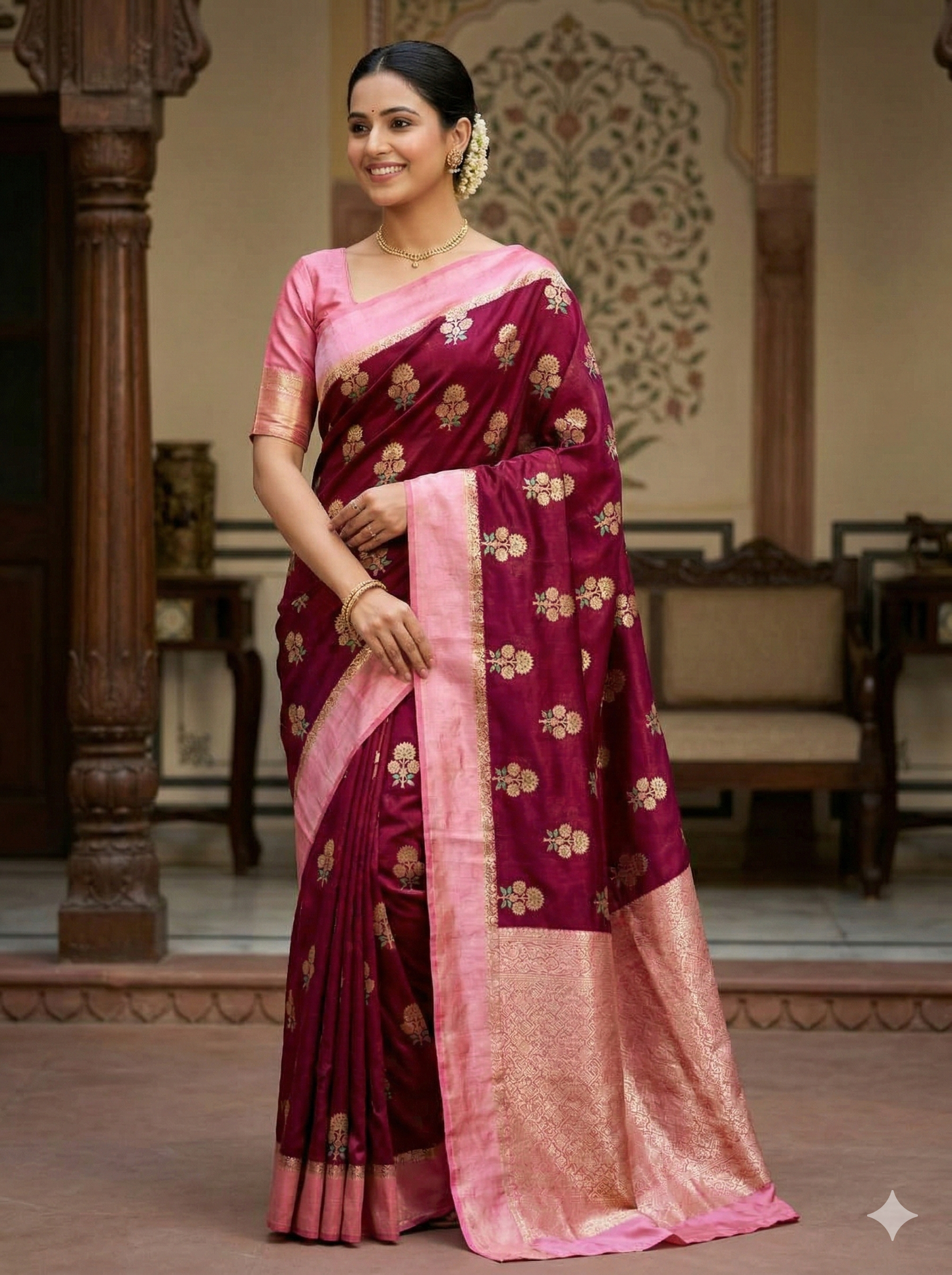 Maroon Color Banarasi Kathan Soft Silk Saree Alna Apparels