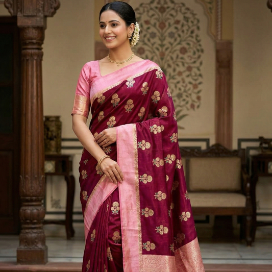 Maroon Color Banarasi Kathan Soft Silk Saree Alna Apparels