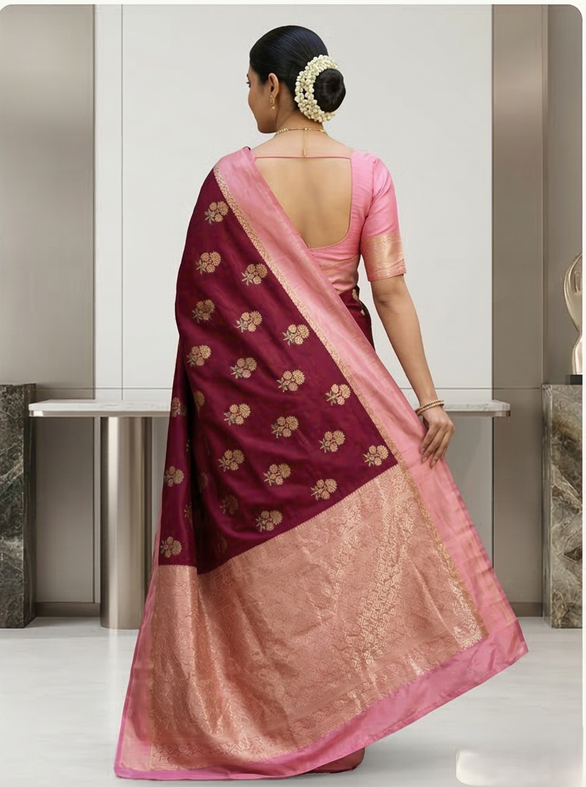 Maroon Color Banarasi Kathan Soft Silk Saree Alna Apparels