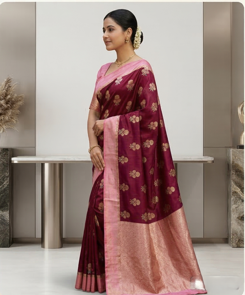 Maroon Color Banarasi Kathan Soft Silk Saree Alna Apparels