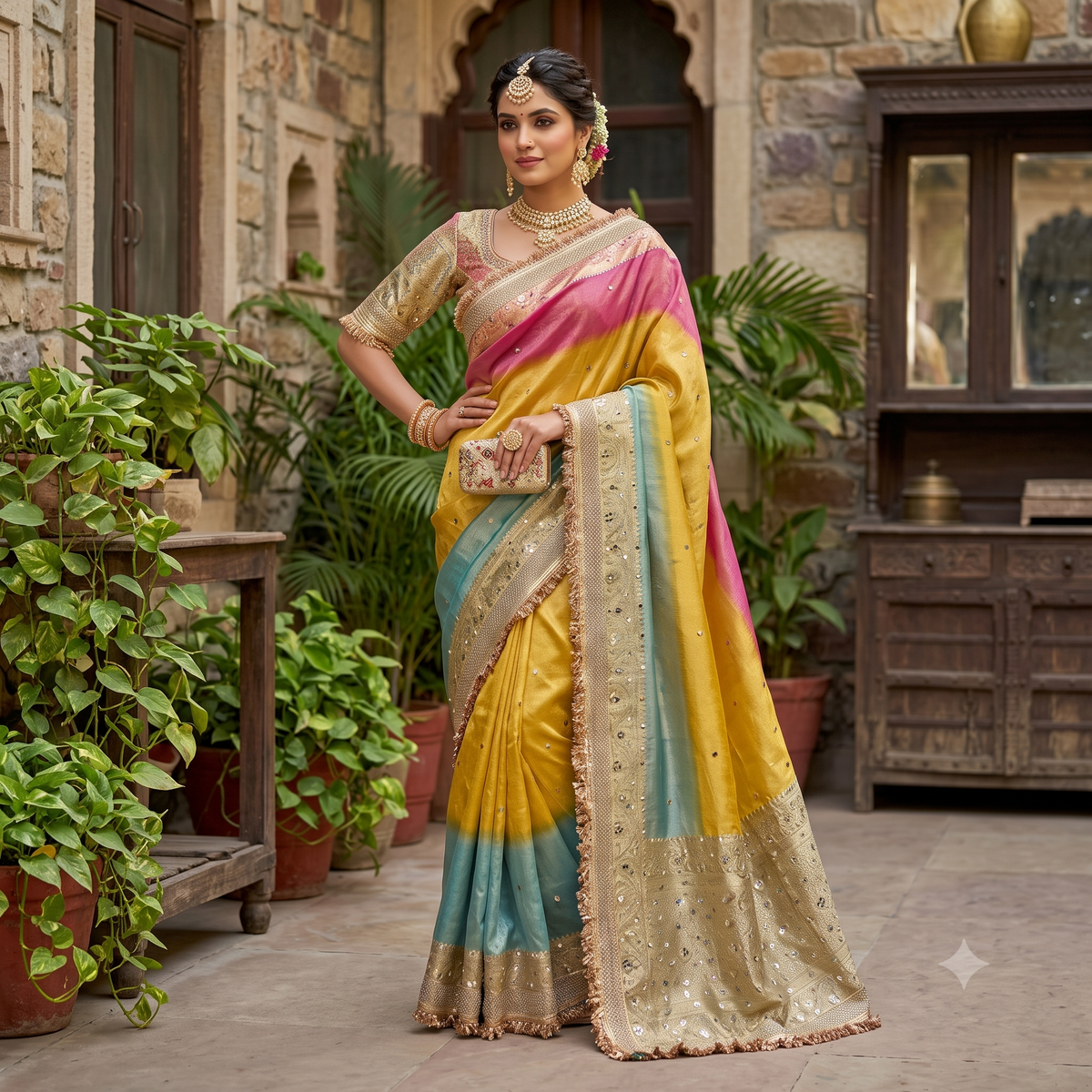 Multi Color Banaras Tissue Silk Saree Lace With Mirror Work Alna Apparels