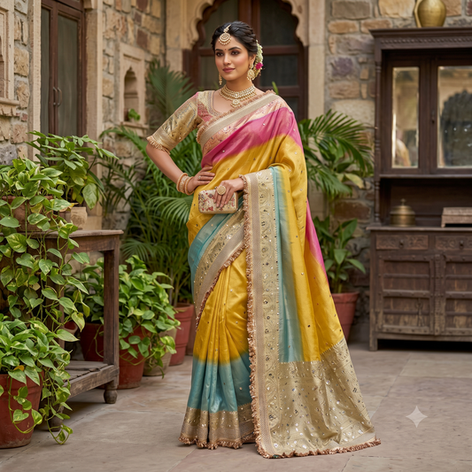 Multi Color Banaras Tissue Silk Saree Lace With Mirror Work Alna Apparels