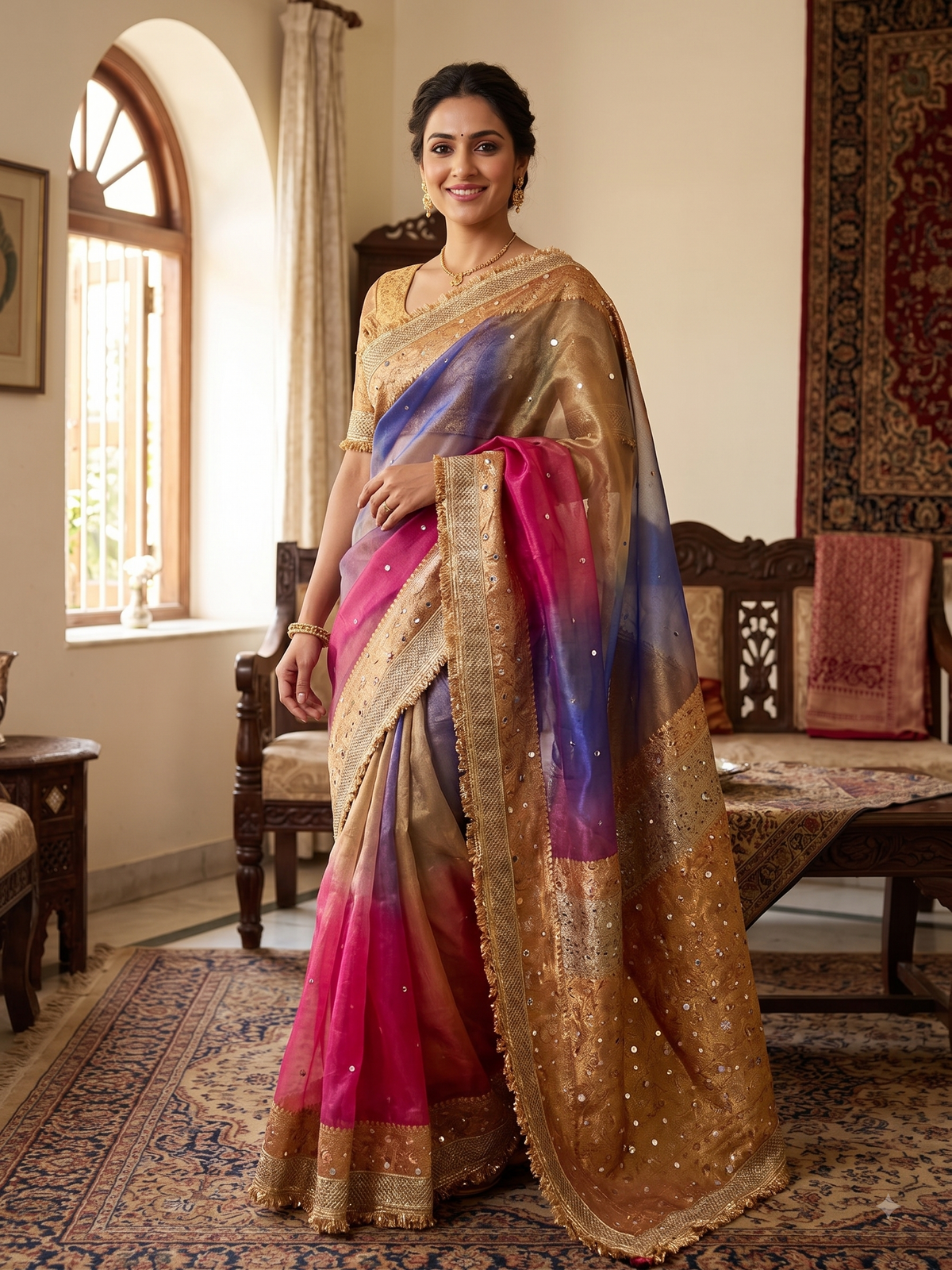 Multi Color Banaras Tissue Silk Saree Lace With Mirror Work Alna Apparels