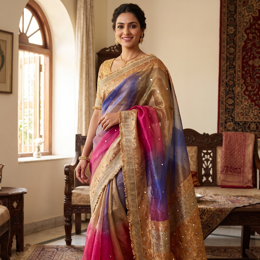 Multi Color Banaras Tissue Silk Saree Lace With Mirror Work Alna Apparels