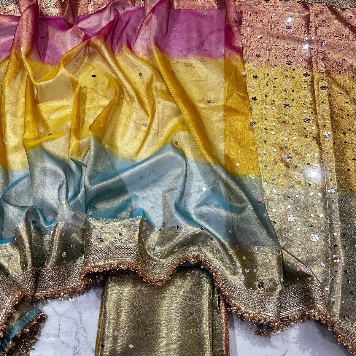 Multi Color Banaras Tissue Silk Saree Lace With Mirror Work Alna Apparels