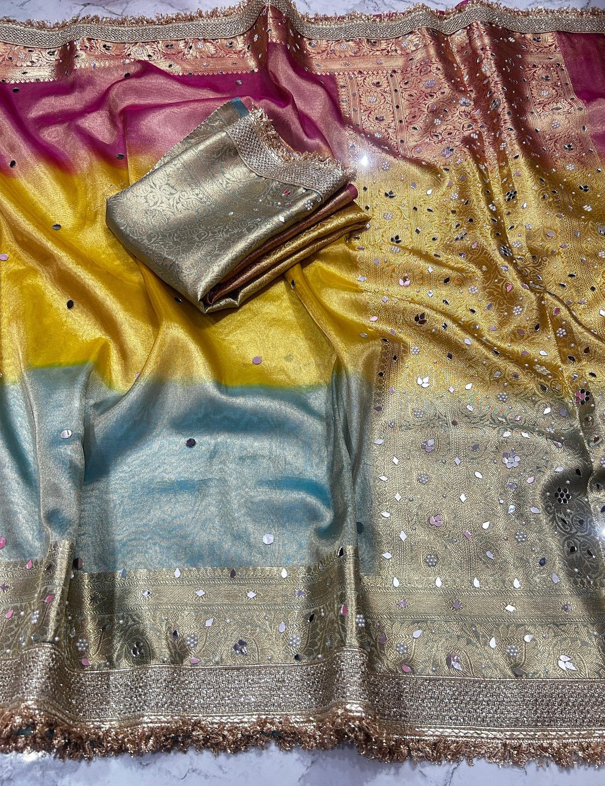 Multi Color Banaras Tissue Silk Saree Lace With Mirror Work Alna Apparels