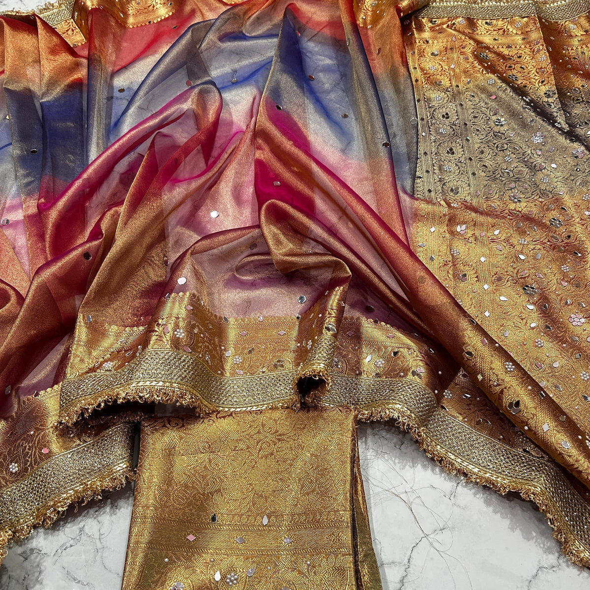 Multi Color Banaras Tissue Silk Saree Lace With Mirror Work Alna Apparels