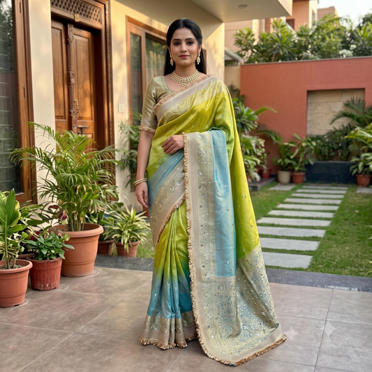 Multi Color Banarasi Tissue Silk Saree Lace With Mirror Work Alna Apparels