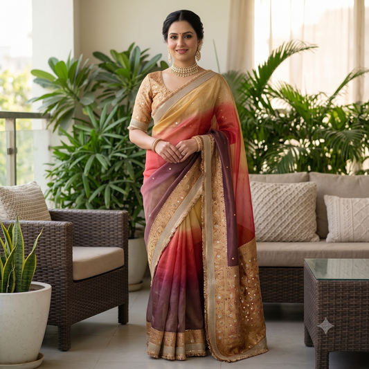 Multi Color Banarasi Tissue Silk Saree Lace With Mirror Work Alna Apparels