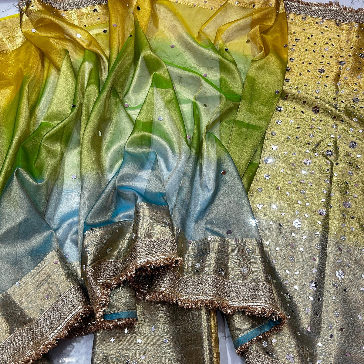 Multi Color Banarasi Tissue Silk Saree Lace With Mirror Work Alna Apparels