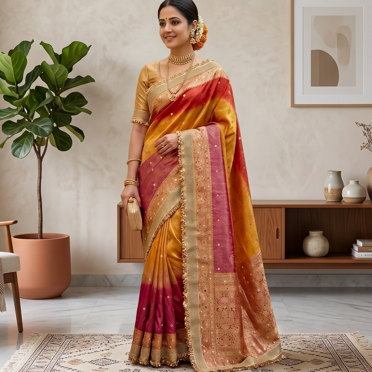 Multi Color Banarasi Tissue Silk Saree Lace With Mirror Work Alna Apparels