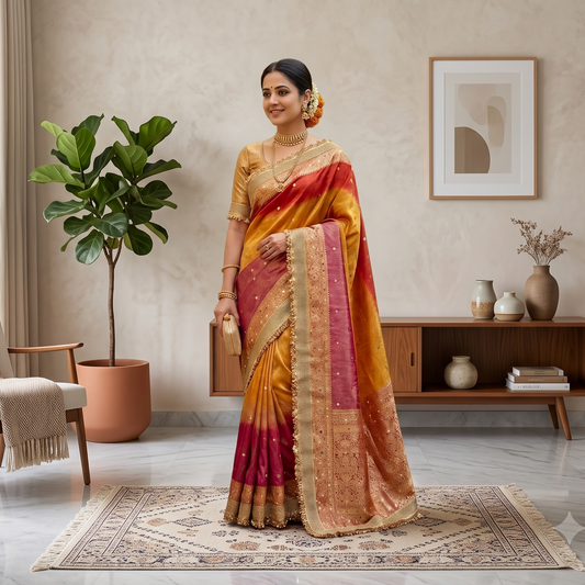 Multi Color Banarasi Tissue Silk Saree Lace With Mirror Work Alna Apparels
