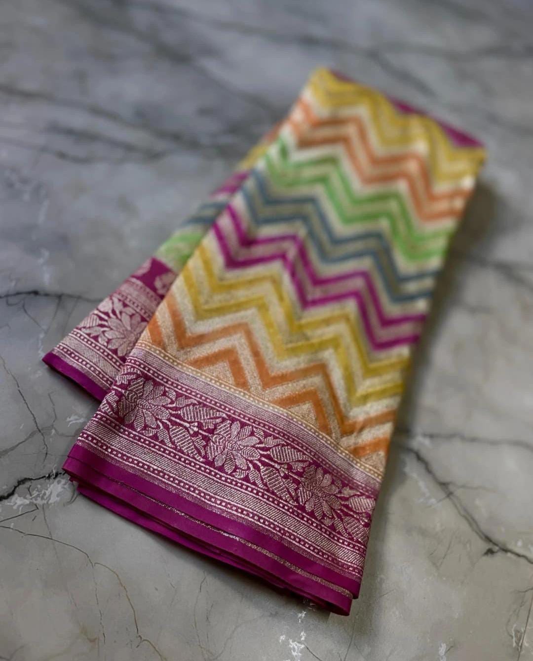 Multicolor Banarsi Semi Khaddi Kathan Handloom Georgette Silk Saree with Zig Zag Design Alna Apparels