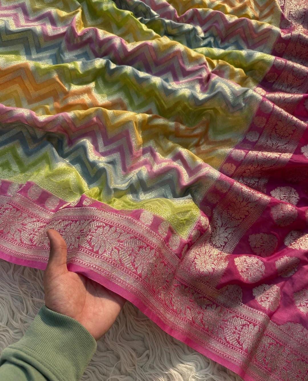 Multicolor Banarsi Semi Khaddi Kathan Handloom Georgette Silk Saree with Zig Zag Design Alna Apparels