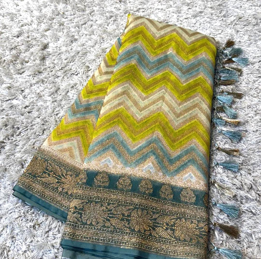Multicolor Banarsi Semi Khaddi Kathan Handloom Georgette Silk Saree with Zig Zag Design Alna Apparels