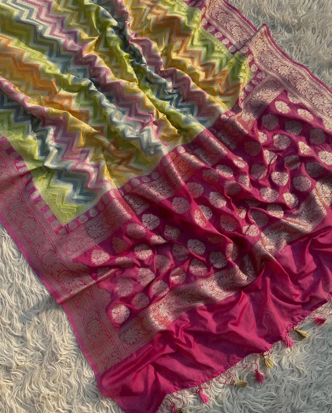 Multicolor Banarsi Semi Khaddi Kathan Handloom Georgette Silk Saree with Zig Zag Design Alna Apparels