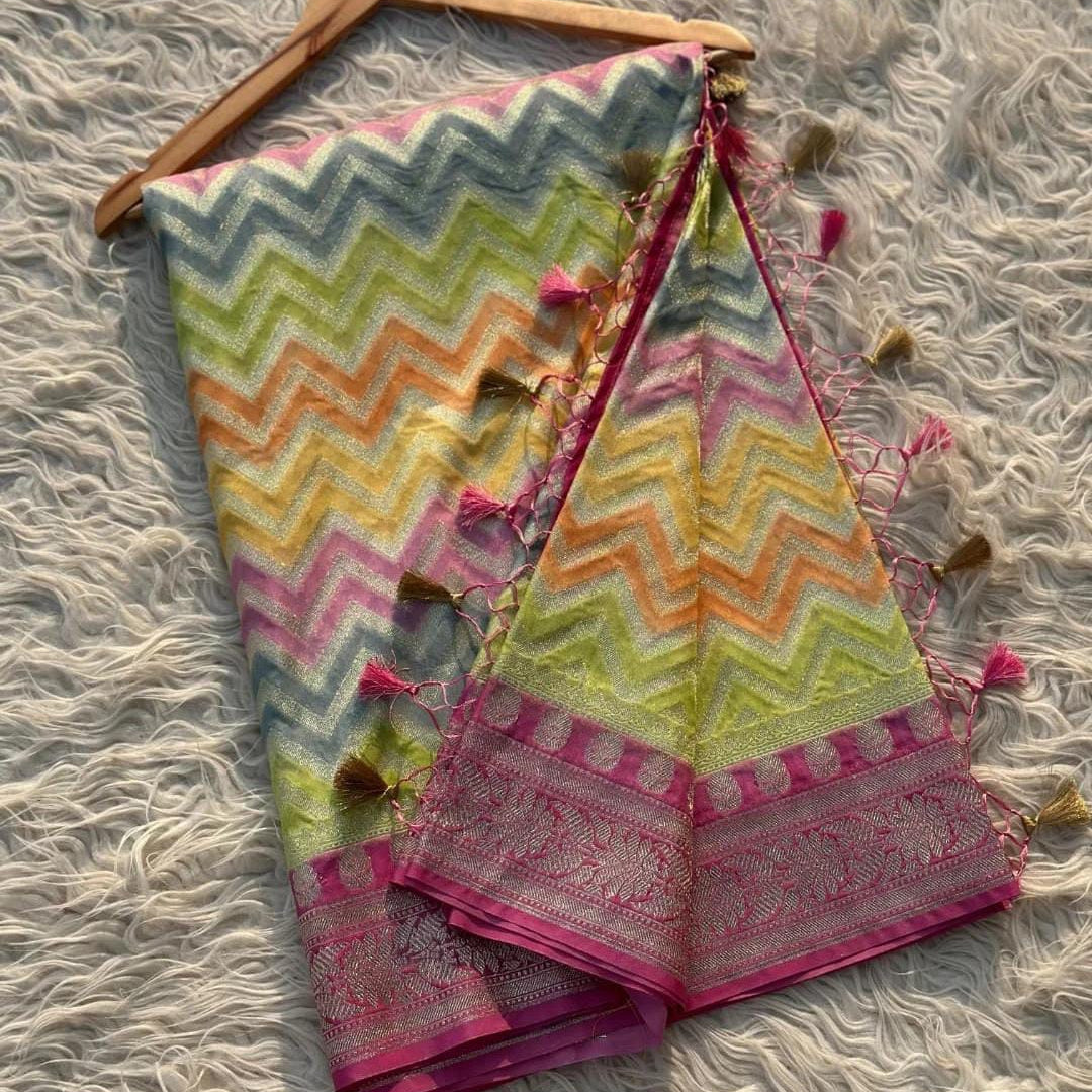 Multicolor Banarsi Semi Khaddi Kathan Handloom Georgette Silk Saree with Zig Zag Design Alna Apparels