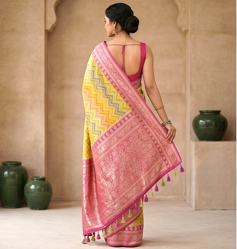 Multicolor Banarsi Semi Khaddi Kathan Handloom Georgette Silk Saree with Zig Zag Design Alna Apparels