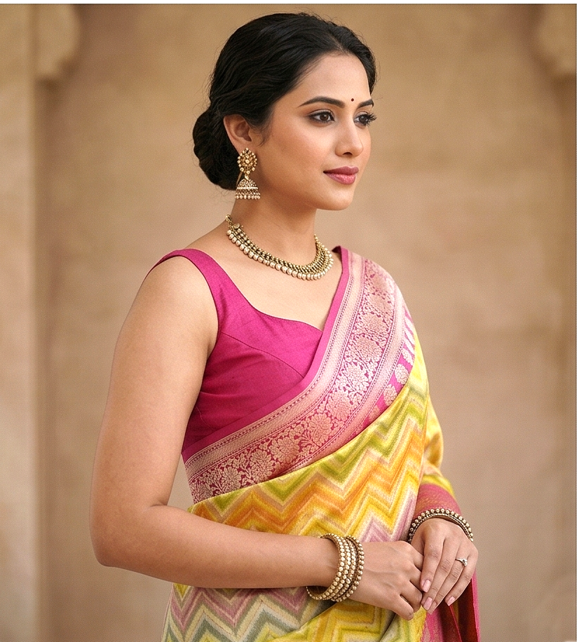 Multicolor Banarsi Semi Khaddi Kathan Handloom Georgette Silk Saree with Zig Zag Design Alna Apparels